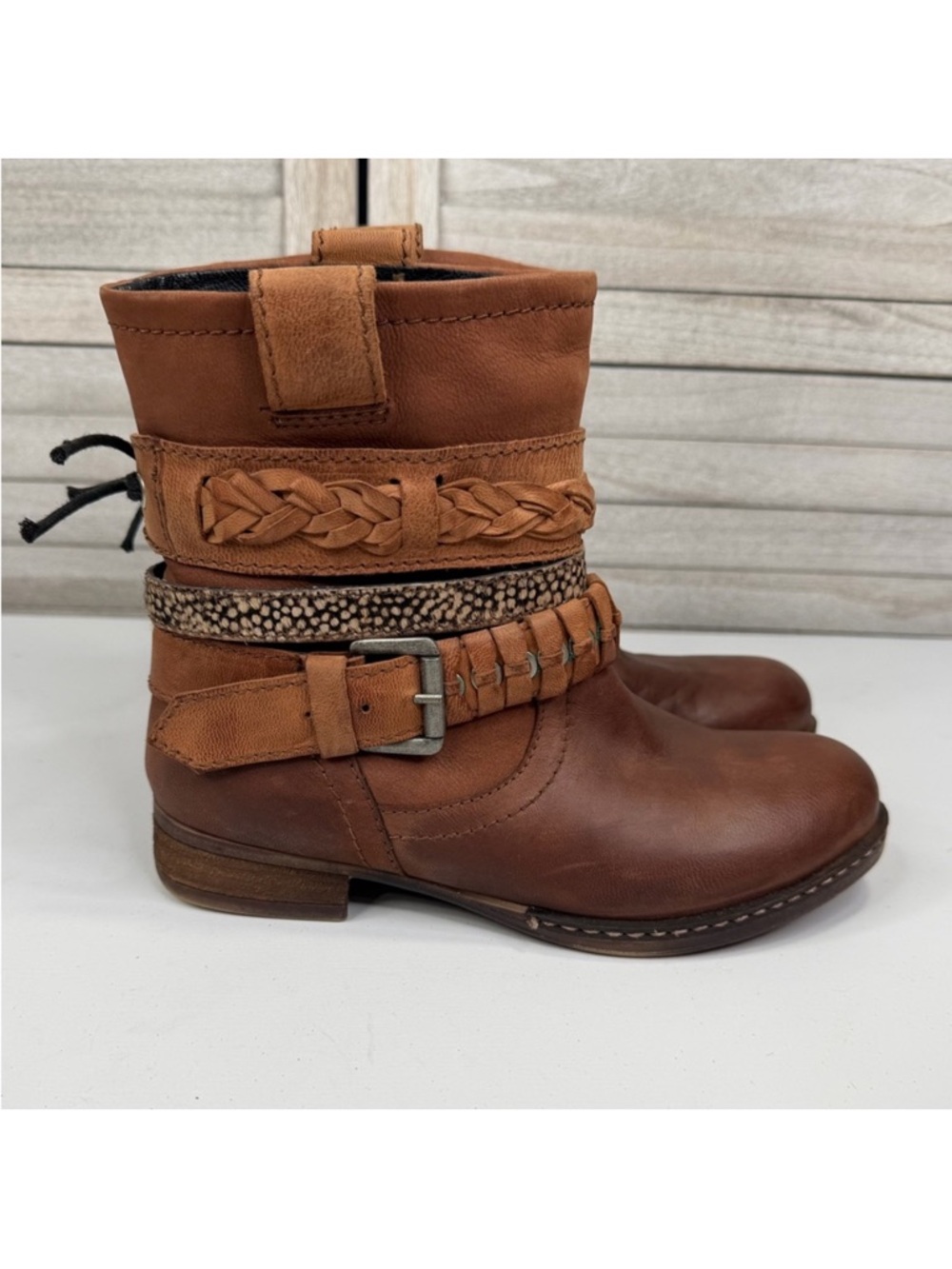 BULL BOXER Women's "Giorgia" Brown Leather Ankle Boot w Buckled Braided Straps-6